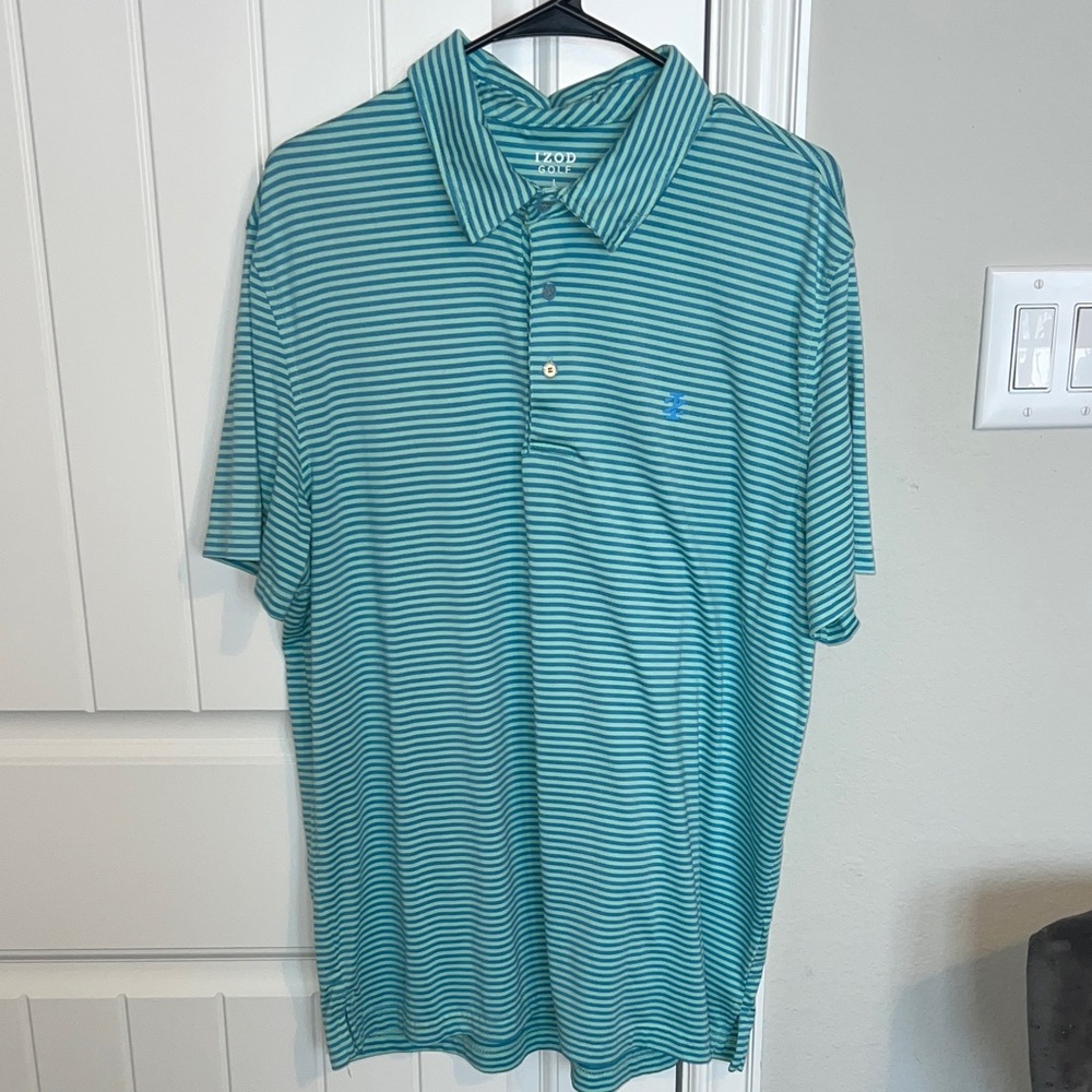 Set of 2 Izod Men’s Polo Shirts - Blue and Pink Striped - Size L - Picture 3 of 8